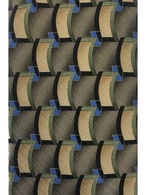 Van Heusen Neck Tie Gold Green Blue Black Wavy Lines Silk 3.5 in Wide 56 in Long